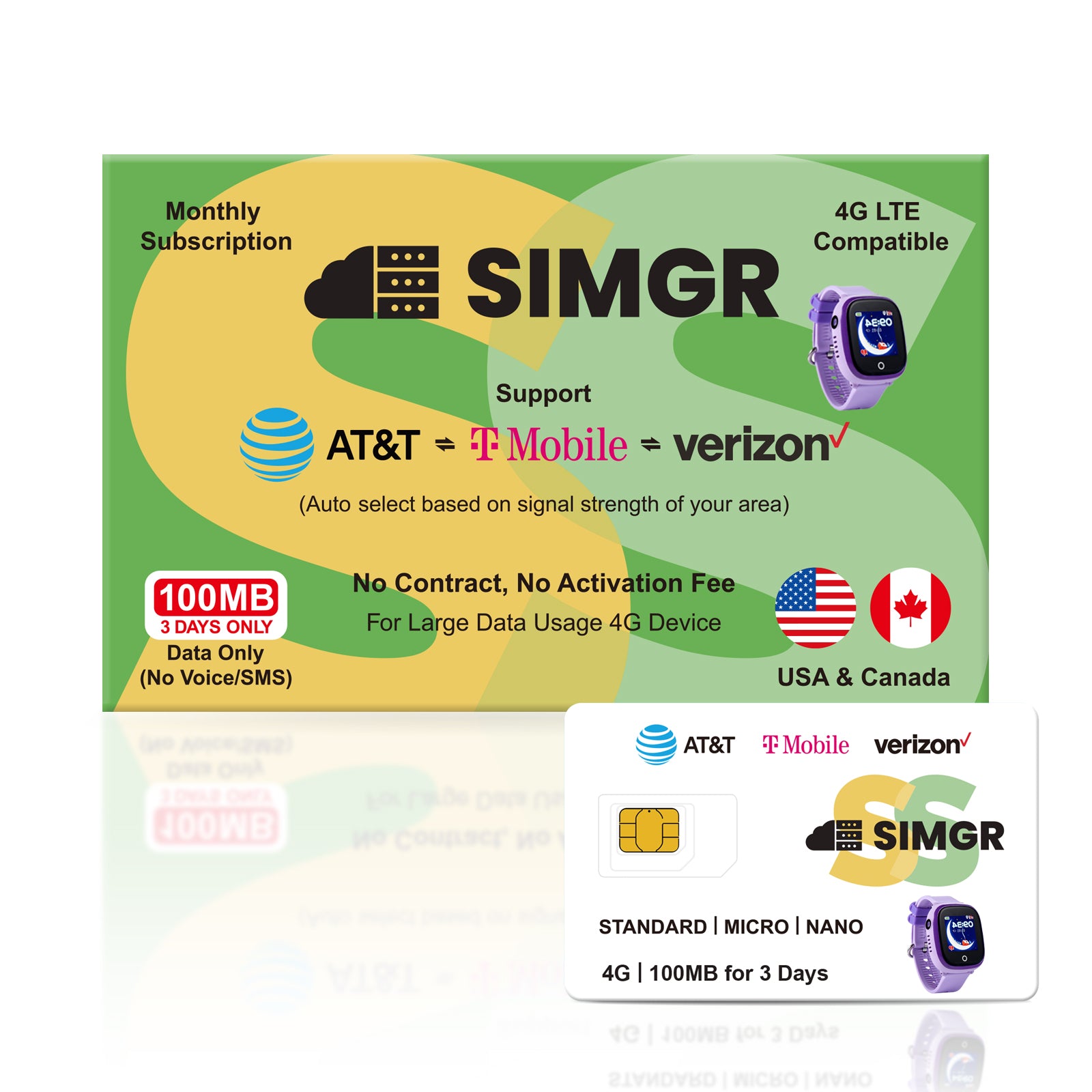 SIMGR GPS Prepaid SIM Card USA Triple-Play Network 4G LTE--Free 100MB |For Watch