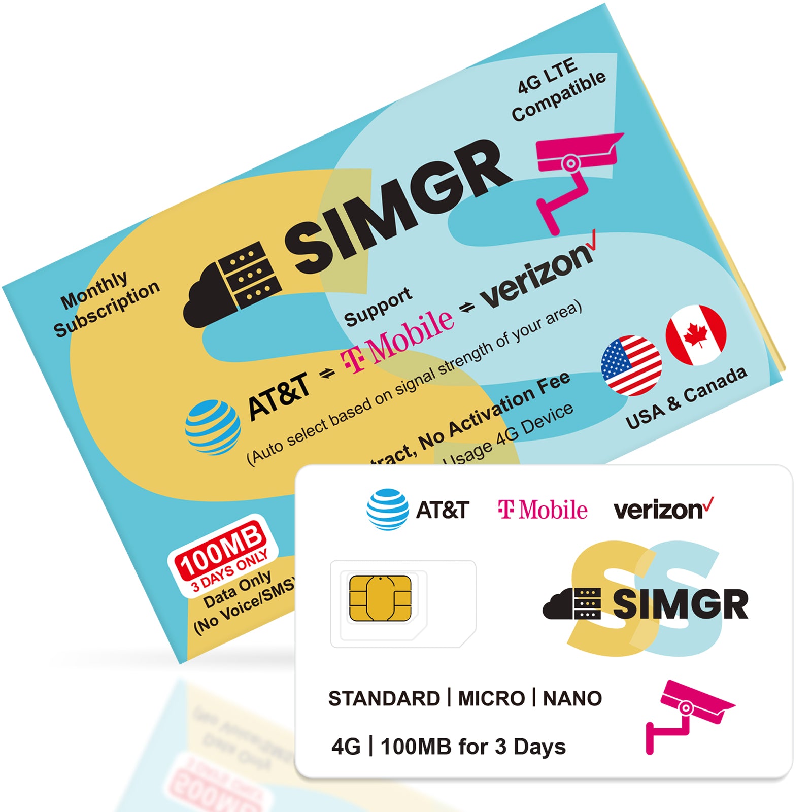 SIMGR GPS Prepaid SIM Card USA Triple-Play Network 4G LTE--Free 100MB |For Camera